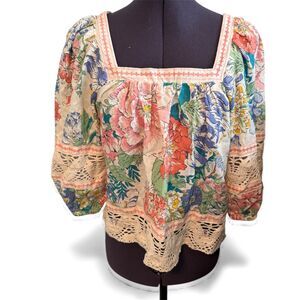 Christian Siriano Floral Peasant Blouse XS Boho Cottagecore Lace Trim Whismical